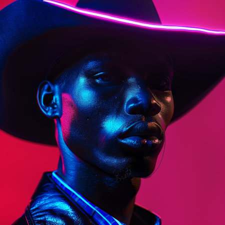 Portrait of a handsome african american man in a cowboy hat.の素材