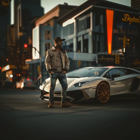 Handsome young man standing in the city with his sport carの素材