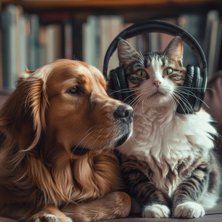 Cute dog and cat listening to music in headphones at home.の素材