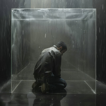 Young man sitting under a glass cube with raindrops on the floorの素材