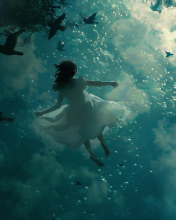 Beautiful girl in a white dress in the sea. Underwater photo.の素材