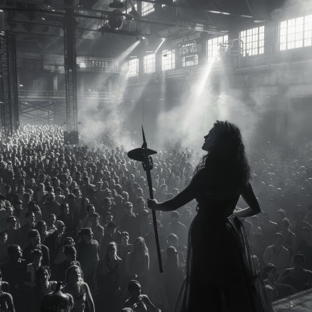 Silhouette of a woman in a mask with a sword in front of the crowdの素材