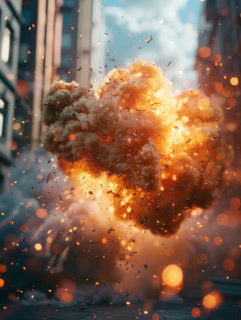A big explosion of fire in the city. The concept of disaster.の素材