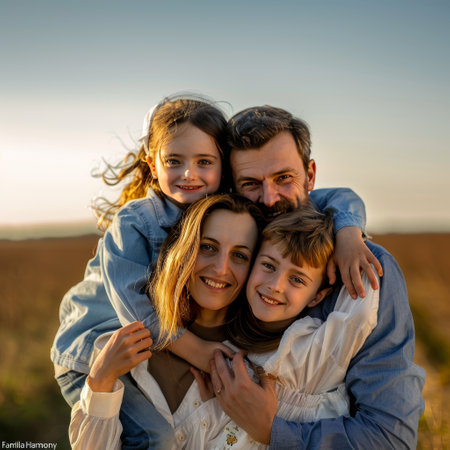 Portrait of a happy family of four in the field at sunsetの素材