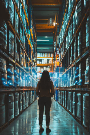 Rear view of a female warehouse worker looking at shelves in a warehouseの素材