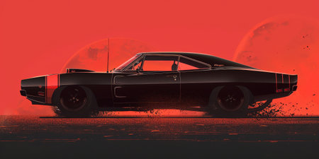 Retro car on the road at sunset. 3D rendering.の素材