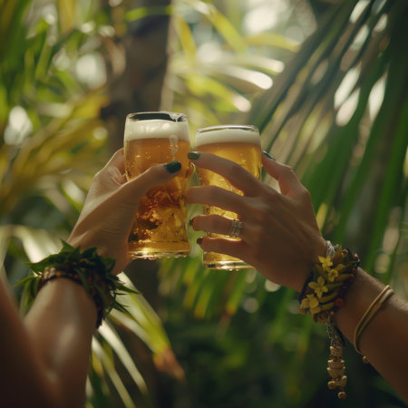 Two female friends toasting with beer in the garden. Close up.の素材