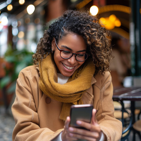 Smiling african american woman using mobile phone in outdoor cafeの素材