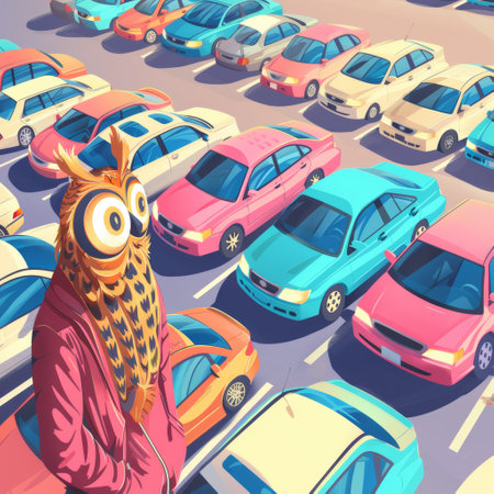 Owl on the background of cars in the city. Vector illustration.の素材