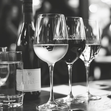 Wine glasses on a table in a restaurant. Black and white photo.の素材