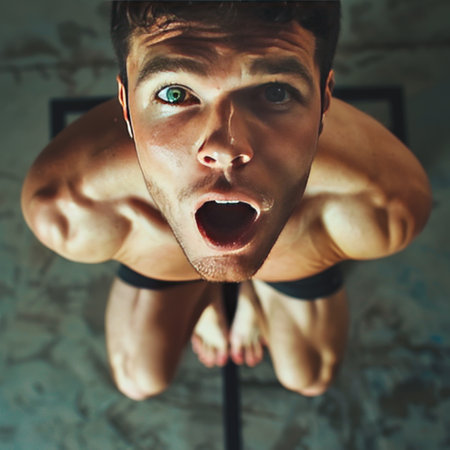 Portrait of a young muscular man in black underwear sitting on the floor and screamingの素材