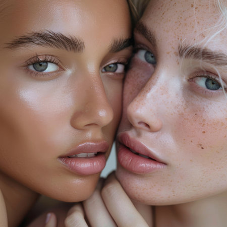 Portrait of two beautiful young women with healthy skin and natural make-upの素材