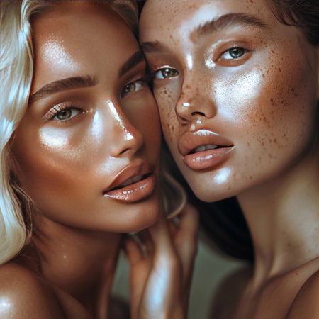 Portrait of two beautiful young women with perfect skin and natural make-up.の素材