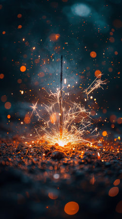 Burning sparkler on dark background with sparks and bokehの素材