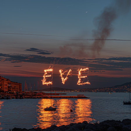 \The word \"\"love\"\" written with sparklers on the background of the sea.\""の素材