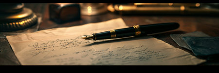 Vintage fountain pen and old letter. Retro style toned imageの素材