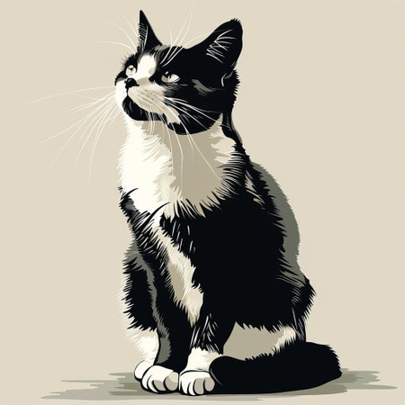 Illustration of a black and white cat sitting on a beige backgroundの素材