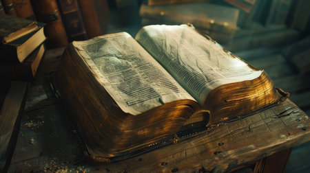 Old book on a wooden table in the library. Selective focus.の素材