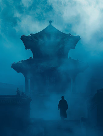 Silhouette of a monk standing in front of the temple in fogの素材