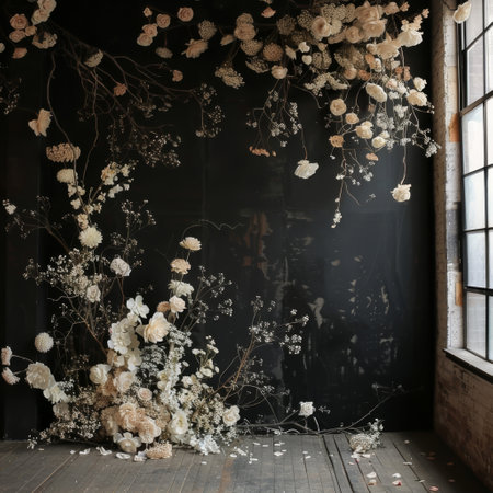 Interior of a room with a black wall decorated with dried flowersの素材