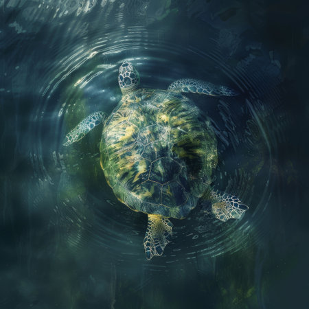 Turtle swimming in the sea. 3d render illustration on dark backgroundの素材