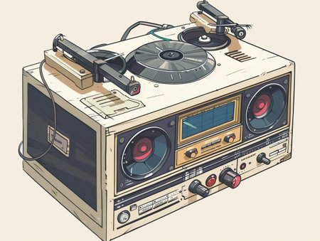 Vintage turntable with vinyl record player. Vector illustration.の素材
