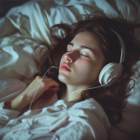 Young beautiful woman lying in bed and listening to music with headphones.の素材