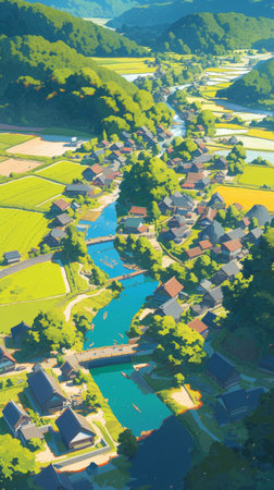 Aerial view of a village in the middle of a rice fieldの素材