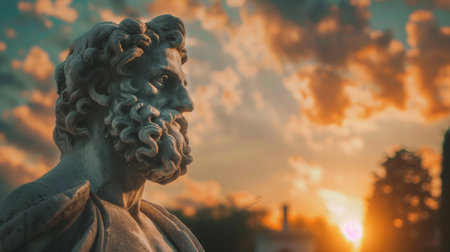 Statue of the Roman Emperor Maximilian in front of a sunsetの素材