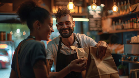 Smiling young man in apron giving paper bags to waitress in cafeの素材