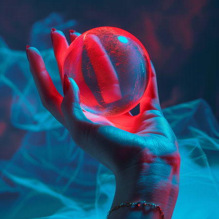 Crystal ball in female hand on a background of blue and red lightの素材