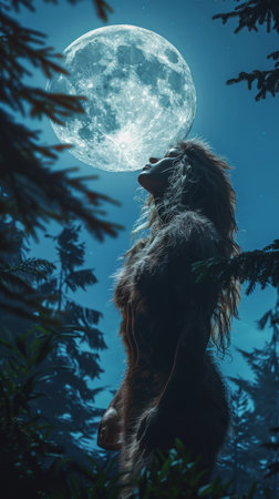 Fantasy portrait of a female lion in the forest at full moon.の素材