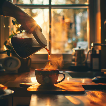 Pouring coffee in a cup on a wooden table in the kitchenの素材