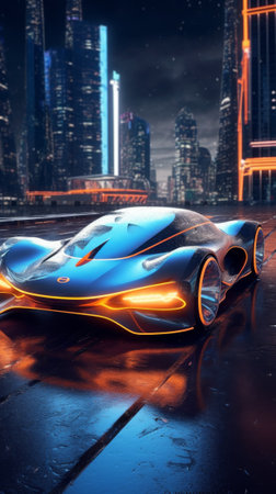 Futuristic concept car in the city at night. 3d renderingの素材