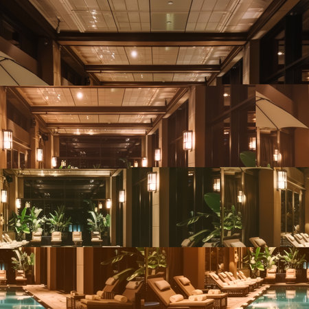 Collage of interior of a modern hotel with swimming pool and palm treesの素材
