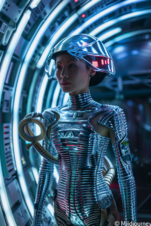 Cyborg woman in futuristic cyber space. 3D rendering. Futuristic style.の素材