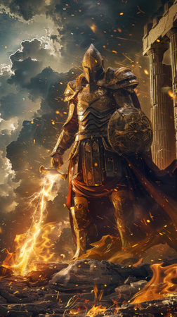 Knight with fire and smoke on the background of the ancient temple.の素材