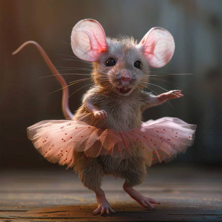 Cute gray mouse in a pink tutu on a wooden backgroundの素材