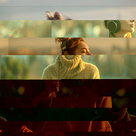 Photo collage of young woman listening to music in headphones on blurred backgroundの素材