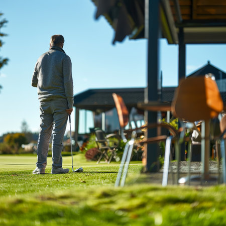 Rear view of a senior man playing golf on a golf courseの素材