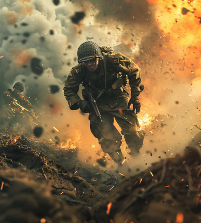 United States Marine Corps soldier in action during a military reenactmentの素材