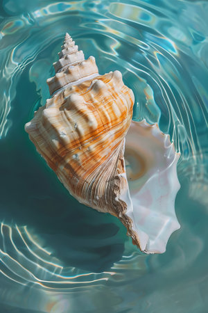 Seashell on the water surface, close up. Natural backgroundの素材