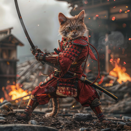 Kitten in a medieval costume with a sword on the background of fireの素材
