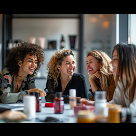 Group of happy female friends having fun together in a beauty salon.の素材