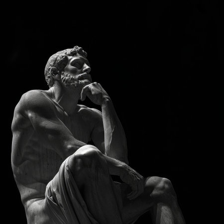 Statue of a man smoking cigar on black background, monochromeの素材