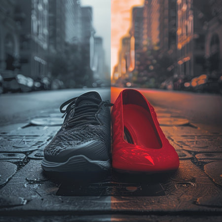 A pair of red and black shoes on a city street in the eveningの素材