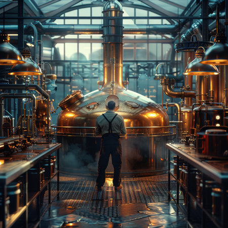 Man in the interior of a beer brewery. 3D rendering.の素材