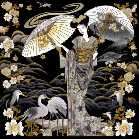 Illustration of a Japanese geisha with a parasol and storksの素材