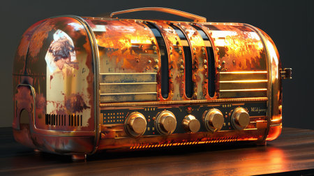 golden retro radio on a wooden table. 3d illustration.の素材