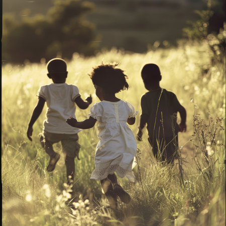 Group of happy African American kids running in the field at sunset.の素材